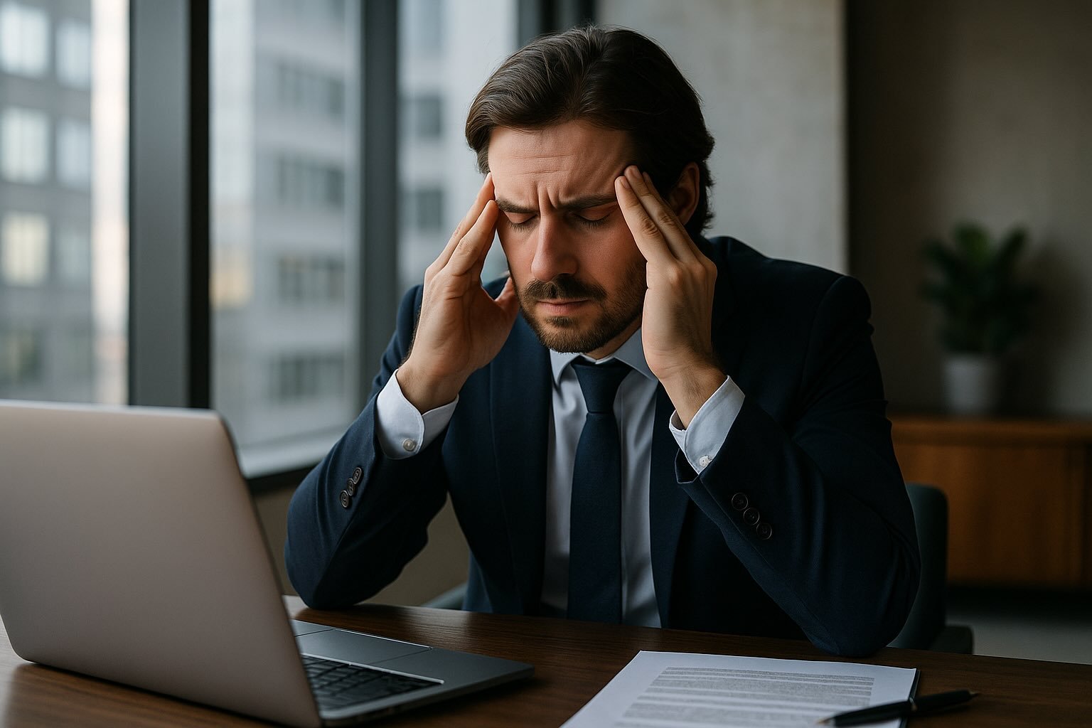 Stressed business executive holding his head in frustration at a desk with laptop