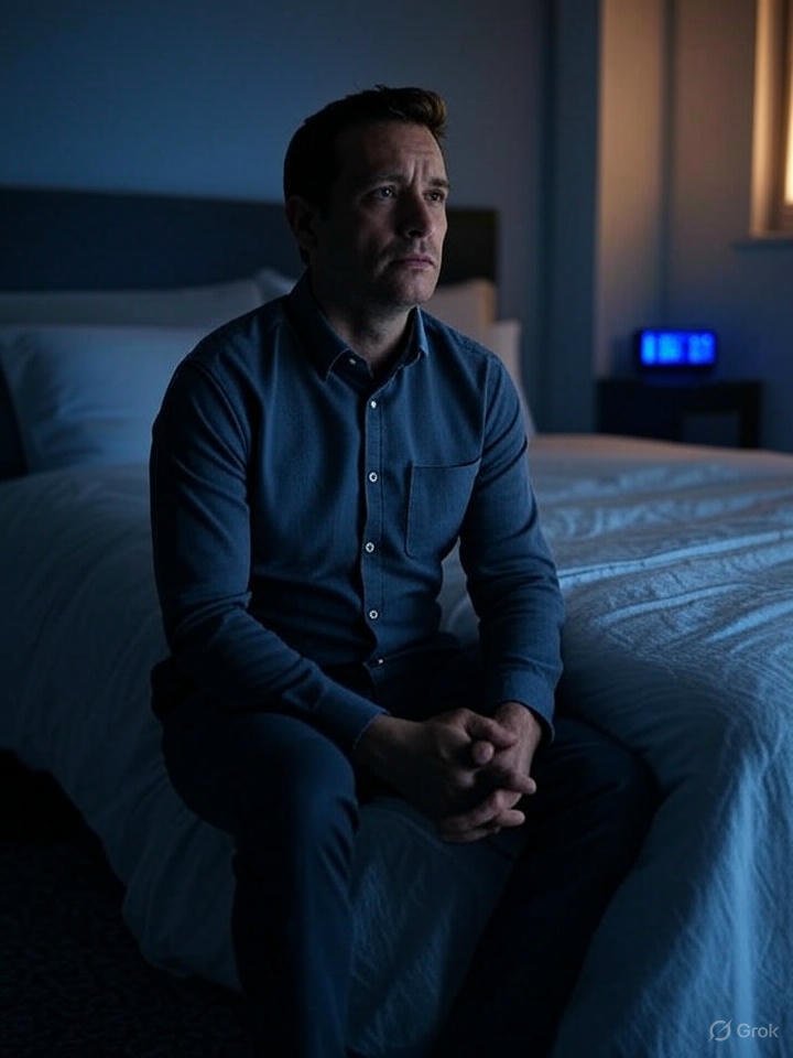 Entrepreneur sitting awake at night in bed, struggling with anxiety
