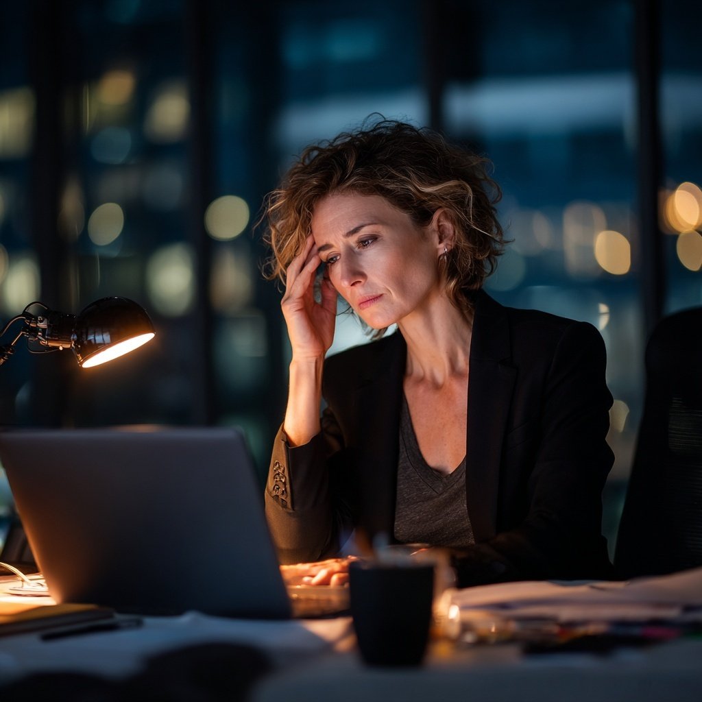 Female executive working late at laptop, looking stressed and worried