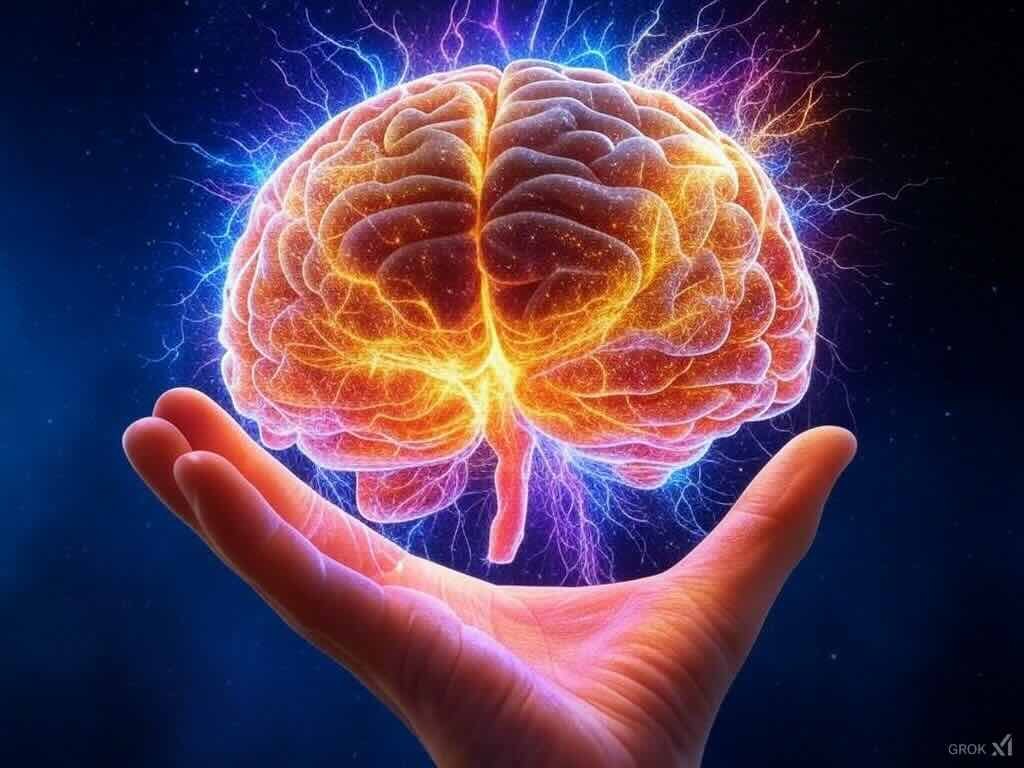 Brain glowing with energy in a hand, symbolizing a recharged and focused mind