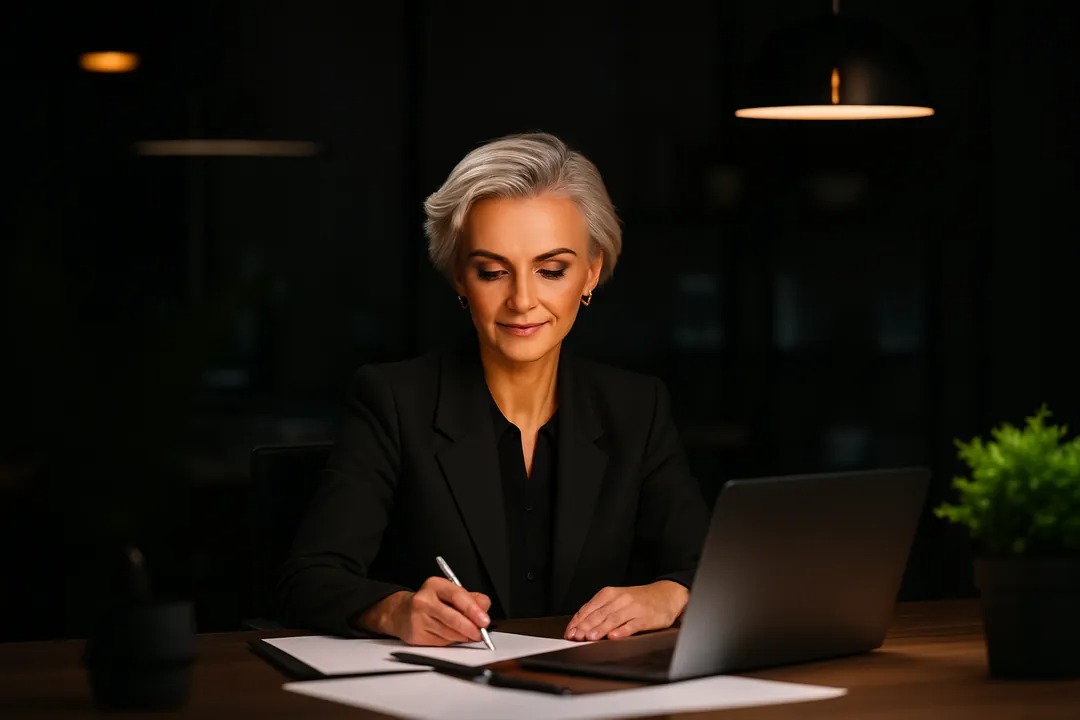 Focused entrepreneur writing in notebook, calm and in flow at work